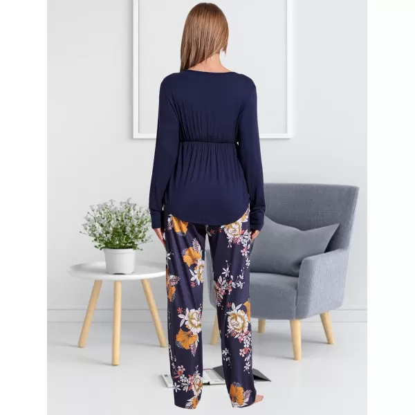 Ekouaer Maternity Nursing Pajama Set Long Sleeve V Neck Top amp Printed Pants Breastfeeding Sleepwear Set SXXLFloral Navy Blue