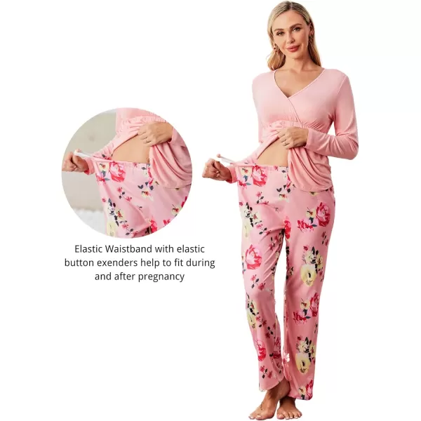 Ekouaer Maternity Nursing Pajama Set Long Sleeve V Neck Top amp Printed Pants Breastfeeding Sleepwear Set SXXLFlower Pink