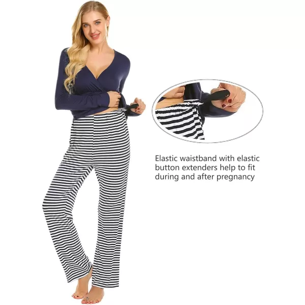 Ekouaer Maternity Nursing Pajama Set Long Sleeve V Neck Top amp Printed Pants Breastfeeding Sleepwear Set SXXLNavy Blue