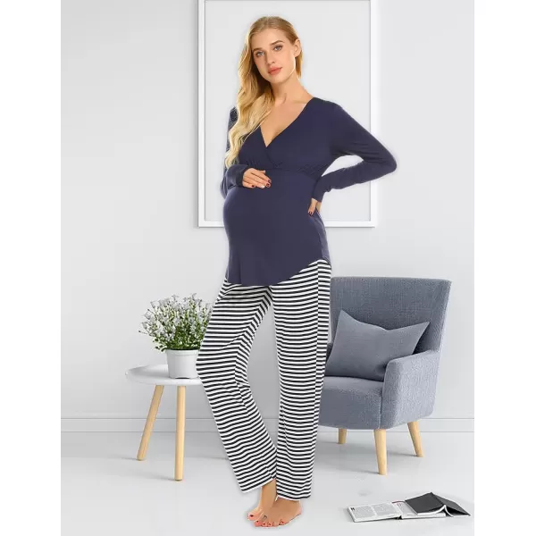 Ekouaer Maternity Nursing Pajama Set Long Sleeve V Neck Top amp Printed Pants Breastfeeding Sleepwear Set SXXLNavy Blue