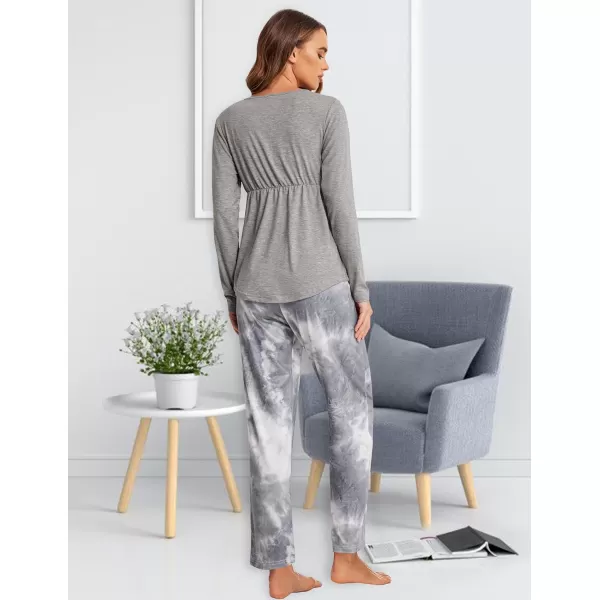 Ekouaer Maternity Nursing Pajama Set Long Sleeve V Neck Top amp Printed Pants Breastfeeding Sleepwear Set SXXLTye Die Grey