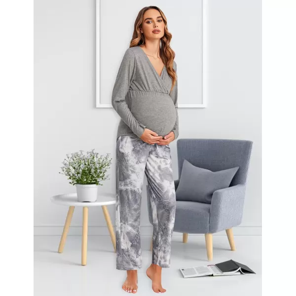 Ekouaer Maternity Nursing Pajama Set Long Sleeve V Neck Top amp Printed Pants Breastfeeding Sleepwear Set SXXLTye Die Grey