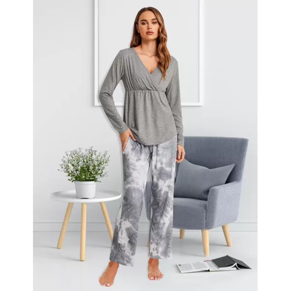 Ekouaer Maternity Nursing Pajama Set Long Sleeve V Neck Top amp Printed Pants Breastfeeding Sleepwear Set SXXLTye Die Grey