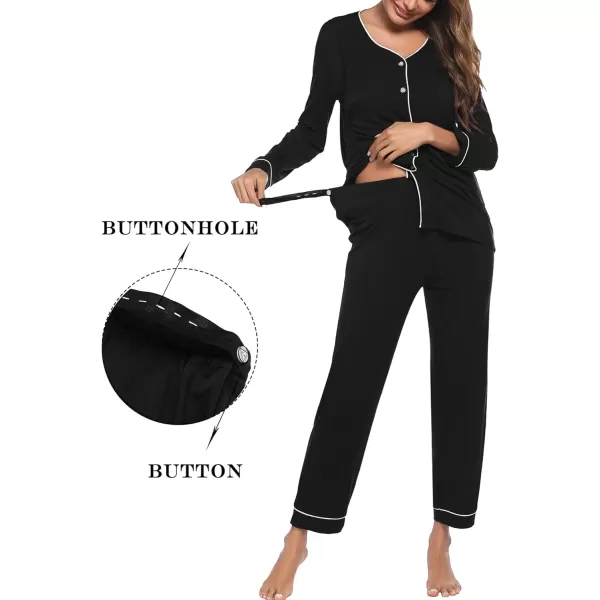 Ekouaer Maternity Pajama Set Button Down Nursing Sleepwear Long Sleeve Breastfeeding Loungewear with Adjustable Pants1black