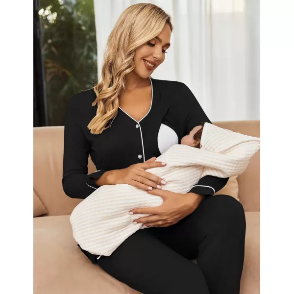 Ekouaer Maternity Pajama Set Button Down Nursing Sleepwear Long Sleeve Breastfeeding Loungewear with Adjustable Pants1black