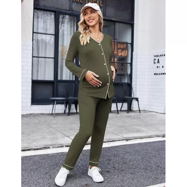 Ekouaer Maternity Pajama Set Button Down Nursing Sleepwear Long Sleeve Breastfeeding Loungewear with Adjustable PantsArmy Green
