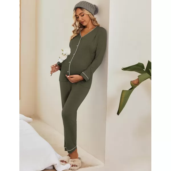 Ekouaer Maternity Pajama Set Button Down Nursing Sleepwear Long Sleeve Breastfeeding Loungewear with Adjustable PantsArmy Green