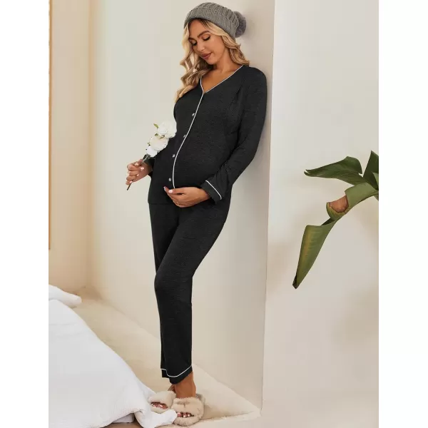 Ekouaer Maternity Pajama Set Button Down Nursing Sleepwear Long Sleeve Breastfeeding Loungewear with Adjustable PantsDeep Grey