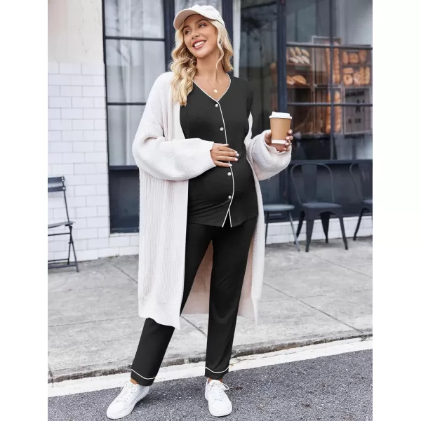 Ekouaer Maternity Pajama Set Button Down Nursing Sleepwear Long Sleeve Breastfeeding Loungewear with Adjustable PantsDeep Grey