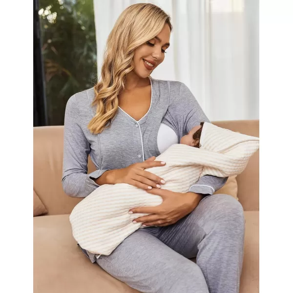 Ekouaer Maternity Pajama Set Button Down Nursing Sleepwear Long Sleeve Breastfeeding Loungewear with Adjustable PantsLight Grey