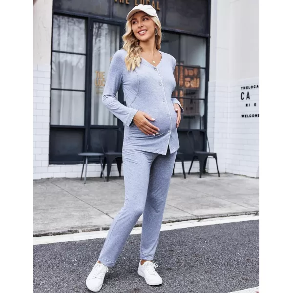 Ekouaer Maternity Pajama Set Button Down Nursing Sleepwear Long Sleeve Breastfeeding Loungewear with Adjustable PantsLight Grey