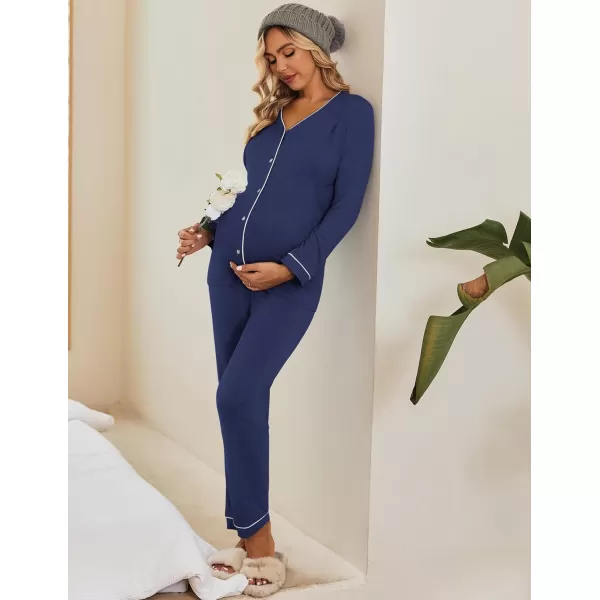 Ekouaer Maternity Pajama Set Button Down Nursing Sleepwear Long Sleeve Breastfeeding Loungewear with Adjustable PantsNavy Blue