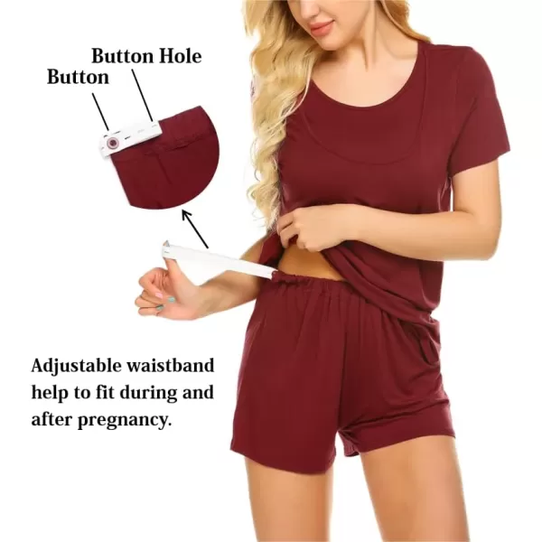 Ekouaer Maternity Pajamas Set LaborDeliveryNursing for Hospital Home Basic Nursing Shirt Adjustable Size Pregnancy ShortsWine Red