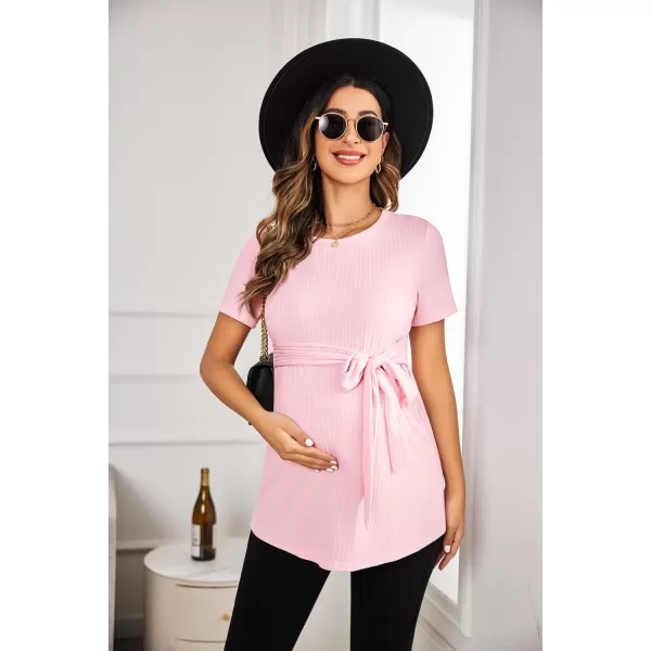 Ekouaer Maternity Tops Short Sleeve Pregnancy Shirt Tee Tunic Casual T Shirts Blouses Clothes SXXLPink