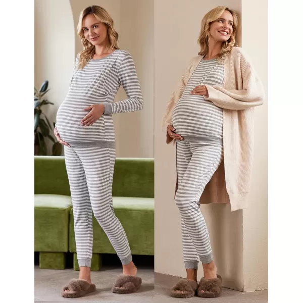 Ekouaer Maternity amp Nursing Thermal Underwear Set Striped Knit Long Johns Set Top amp Bottom Base Layer for Pregnant WomenA Light Gray Stripe