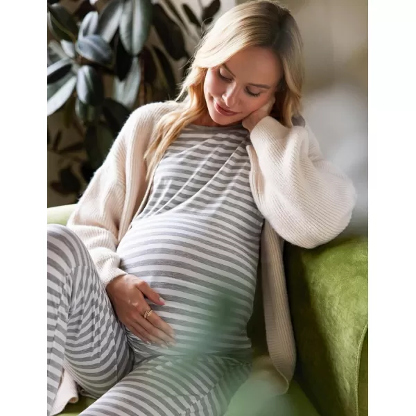 Ekouaer Maternity amp Nursing Thermal Underwear Set Striped Knit Long Johns Set Top amp Bottom Base Layer for Pregnant WomenA Light Gray Stripe