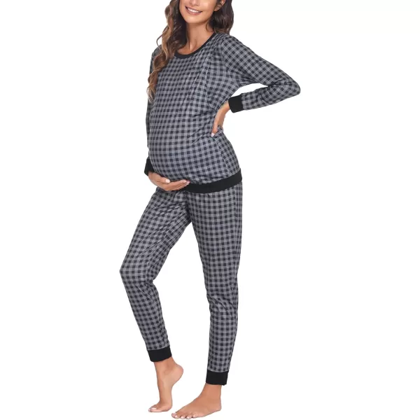 Ekouaer Maternity amp Nursing Thermal Underwear Set Striped Knit Long Johns Set Top amp Bottom Base Layer for Pregnant WomenBlack Gray Plaid