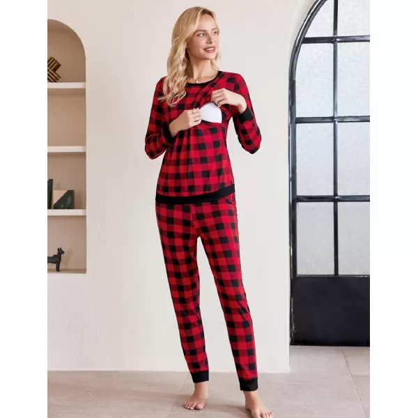 Ekouaer Maternity amp Nursing Thermal Underwear Set Striped Knit Long Johns Set Top amp Bottom Base Layer for Pregnant WomenBlack Red Plaid