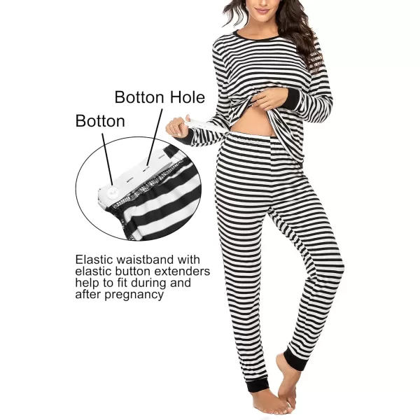 Ekouaer Maternity amp Nursing Thermal Underwear Set Striped Knit Long Johns Set Top amp Bottom Base Layer for Pregnant WomenBlack Stripe