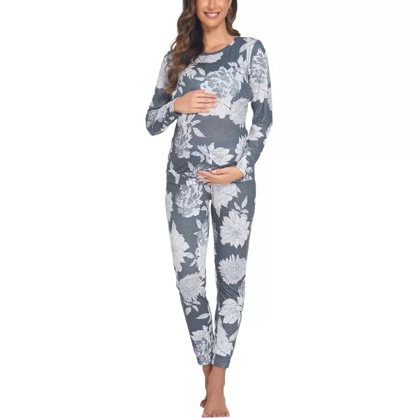 Ekouaer Maternity amp Nursing Thermal Underwear Set Striped Knit Long Johns Set Top amp Bottom Base Layer for Pregnant WomenGray Flowers