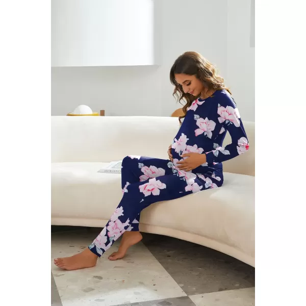 Ekouaer Maternity amp Nursing Thermal Underwear Set Striped Knit Long Johns Set Top amp Bottom Base Layer for Pregnant WomenNavy Floral