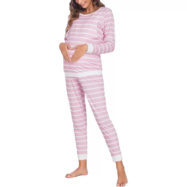 Ekouaer Maternity amp Nursing Thermal Underwear Set Striped Knit Long Johns Set Top amp Bottom Base Layer for Pregnant WomenPink Stripe