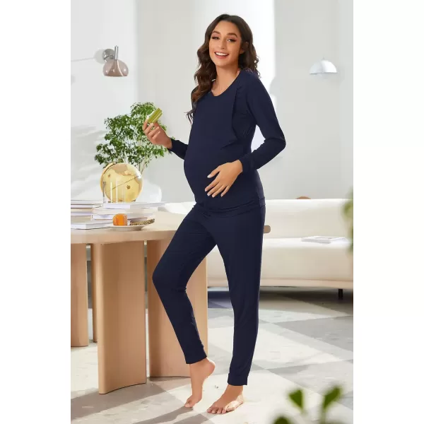 Ekouaer Maternity amp Nursing Thermal Underwear Set Striped Knit Long Johns Set Top amp Bottom Base Layer for Pregnant WomenSolid Navy Blue