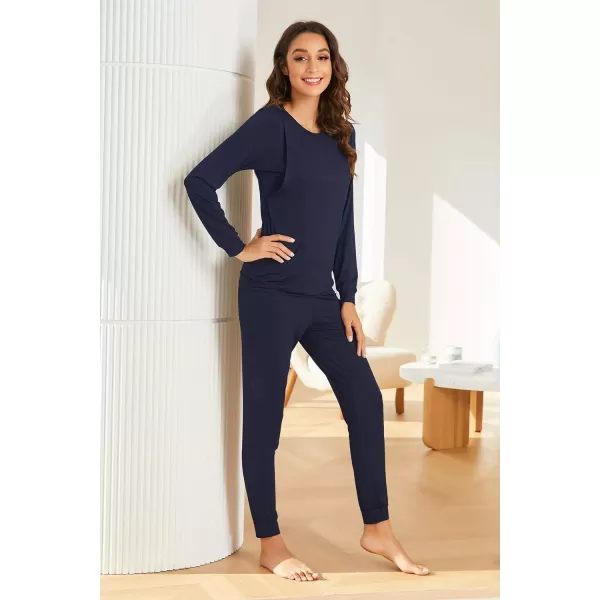 Ekouaer Maternity amp Nursing Thermal Underwear Set Striped Knit Long Johns Set Top amp Bottom Base Layer for Pregnant WomenSolid Navy Blue