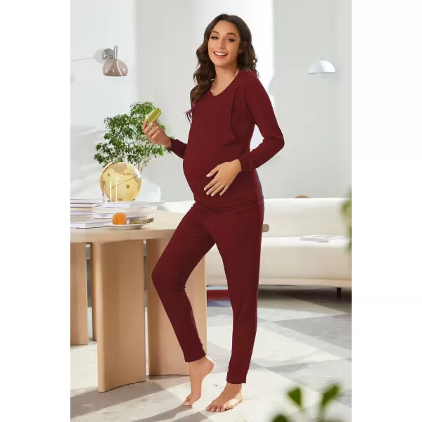 Ekouaer Maternity amp Nursing Thermal Underwear Set Striped Knit Long Johns Set Top amp Bottom Base Layer for Pregnant WomenSolid Wine Red