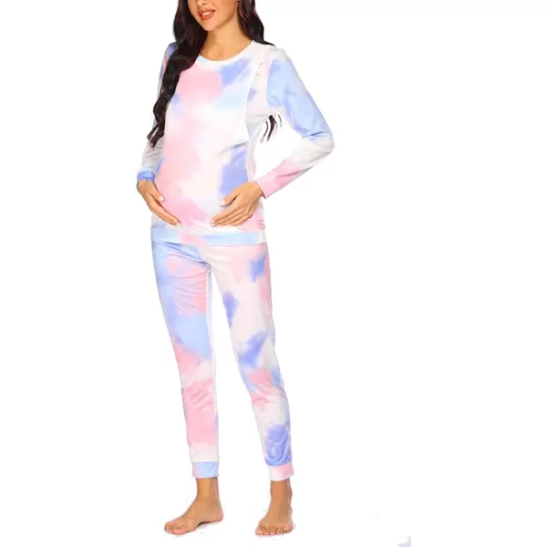 Ekouaer Maternity amp Nursing Thermal Underwear Set Striped Knit Long Johns Set Top amp Bottom Base Layer for Pregnant WomenTie Dye