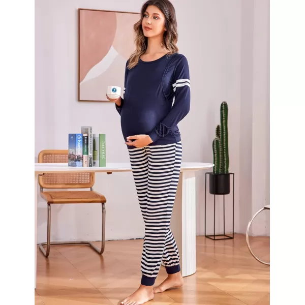 Ekouaer Materntiy amp Nursing Pajamas Sets Long Sleeve Breastfeeding Pajamas with Jogger Pants for HospitalNavy Blue