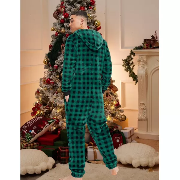 Ekouaer Men One Piece Pajama Christmas Fleece Onesie Pajama Zipper Jumpsuit with Pockets SXXLGreen Plaid