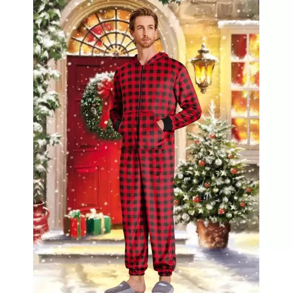 Ekouaer Men One Piece Pajama Christmas Fleece Onesie Pajama Zipper Jumpsuit with Pockets SXXLRed Plaid