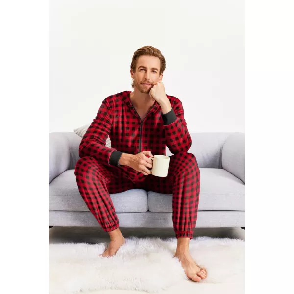 Ekouaer Men One Piece Pajama Christmas Fleece Onesie Pajama Zipper Jumpsuit with Pockets SXXLRed Plaid