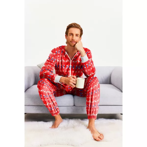 Ekouaer Men One Piece Pajama Christmas Fleece Onesie Pajama Zipper Jumpsuit with Pockets SXXLReindeer Red