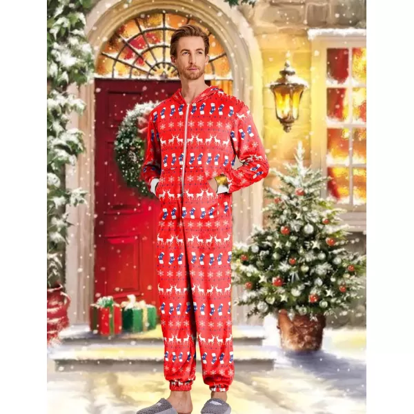 Ekouaer Men One Piece Pajama Christmas Fleece Onesie Pajama Zipper Jumpsuit with Pockets SXXLReindeer Red