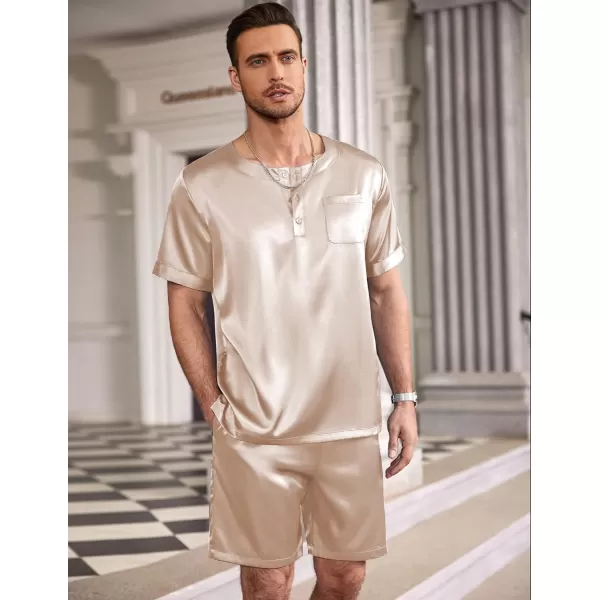 Ekouaer Men Satin Pajamas Set Short Sleeve Silk Sleepwear Button Down 2 Piece Loungewear with PocketsChampagne