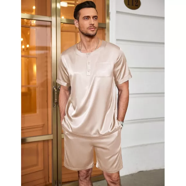 Ekouaer Men Satin Pajamas Set Short Sleeve Silk Sleepwear Button Down 2 Piece Loungewear with PocketsChampagne