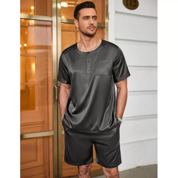 Ekouaer Men Satin Pajamas Set Short Sleeve Silk Sleepwear Button Down 2 Piece Loungewear with PocketsDark Gray