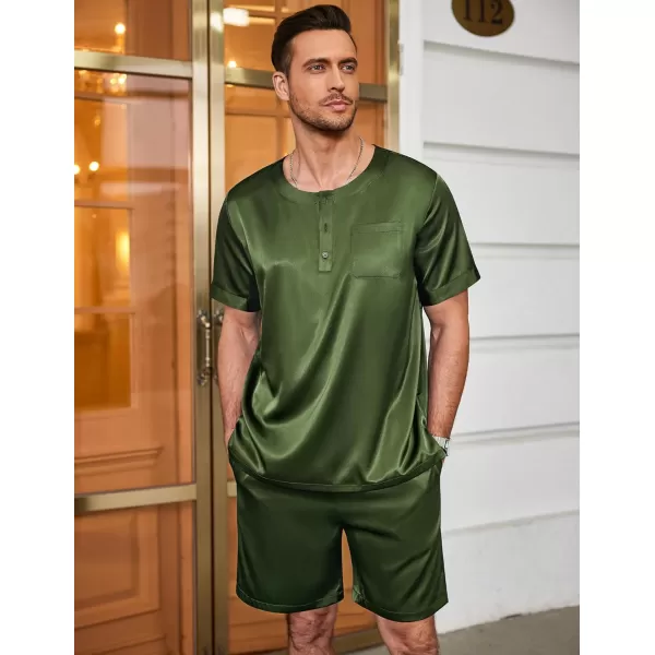 Ekouaer Men Satin Pajamas Set Short Sleeve Silk Sleepwear Button Down 2 Piece Loungewear with PocketsDarmy Green