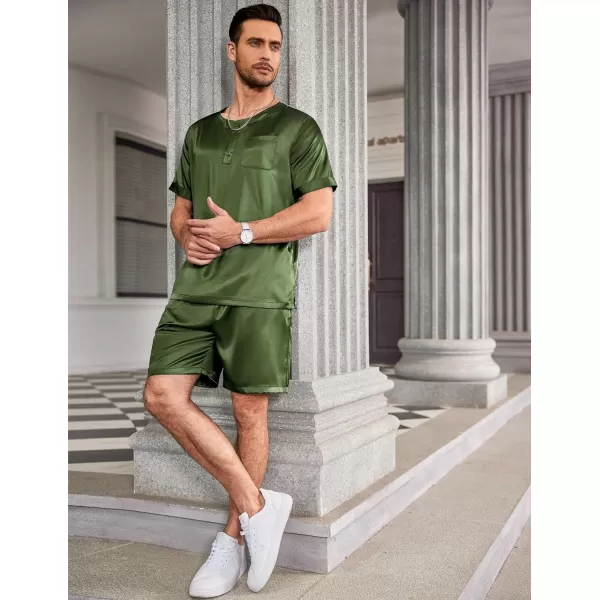 Ekouaer Men Satin Pajamas Set Short Sleeve Silk Sleepwear Button Down 2 Piece Loungewear with PocketsDarmy Green