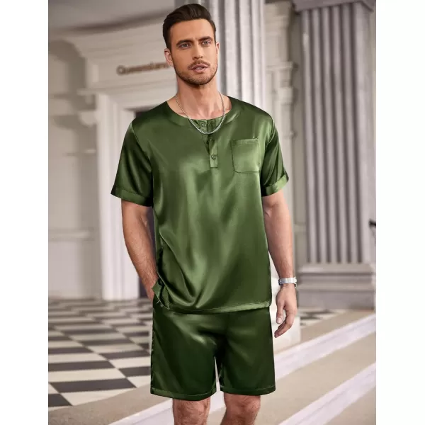 Ekouaer Men Satin Pajamas Set Short Sleeve Silk Sleepwear Button Down 2 Piece Loungewear with PocketsDarmy Green