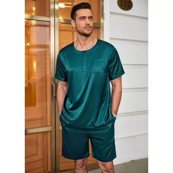 Ekouaer Men Satin Pajamas Set Short Sleeve Silk Sleepwear Button Down 2 Piece Loungewear with PocketsGreen