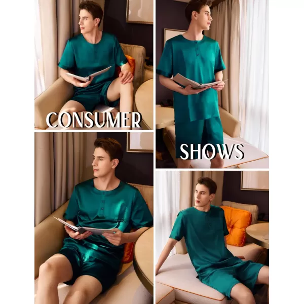 Ekouaer Men Satin Pajamas Set Short Sleeve Silk Sleepwear Button Down 2 Piece Loungewear with PocketsGreen