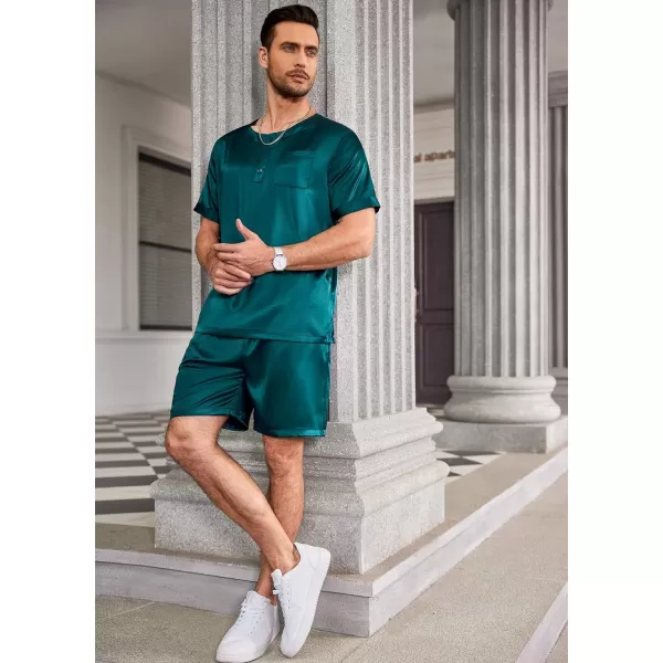 Ekouaer Men Satin Pajamas Set Short Sleeve Silk Sleepwear Button Down 2 Piece Loungewear with PocketsGreen