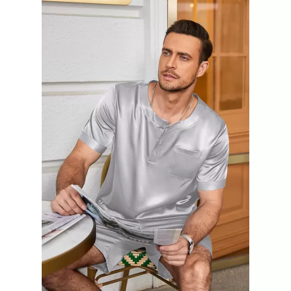 Ekouaer Men Satin Pajamas Set Short Sleeve Silk Sleepwear Button Down 2 Piece Loungewear with PocketsGrey