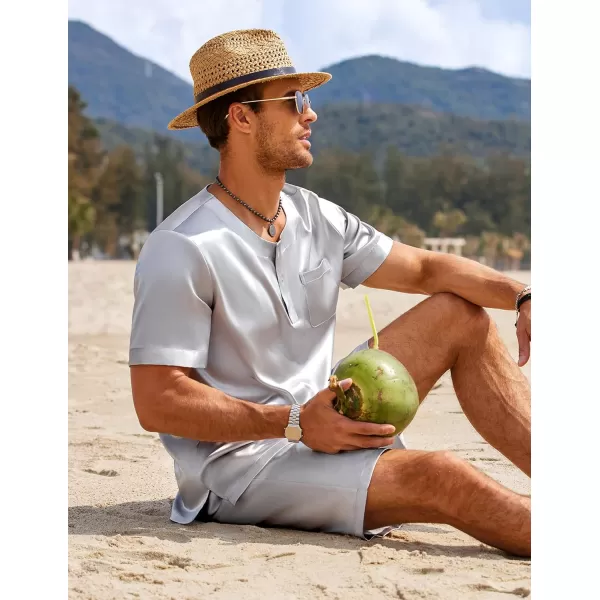 Ekouaer Men Satin Pajamas Set Short Sleeve Silk Sleepwear Button Down 2 Piece Loungewear with PocketsGrey