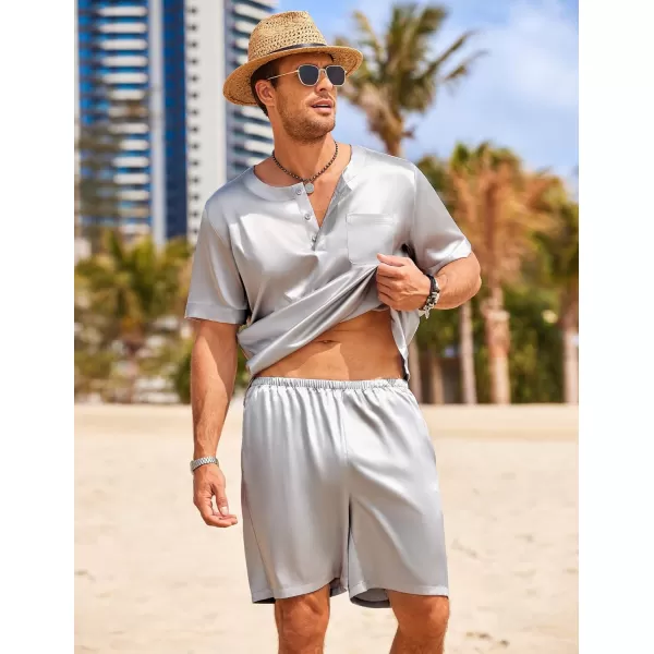 Ekouaer Men Satin Pajamas Set Short Sleeve Silk Sleepwear Button Down 2 Piece Loungewear with PocketsGrey