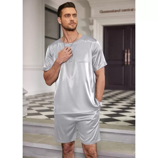 Ekouaer Men Satin Pajamas Set Short Sleeve Silk Sleepwear Button Down 2 Piece Loungewear with PocketsGrey