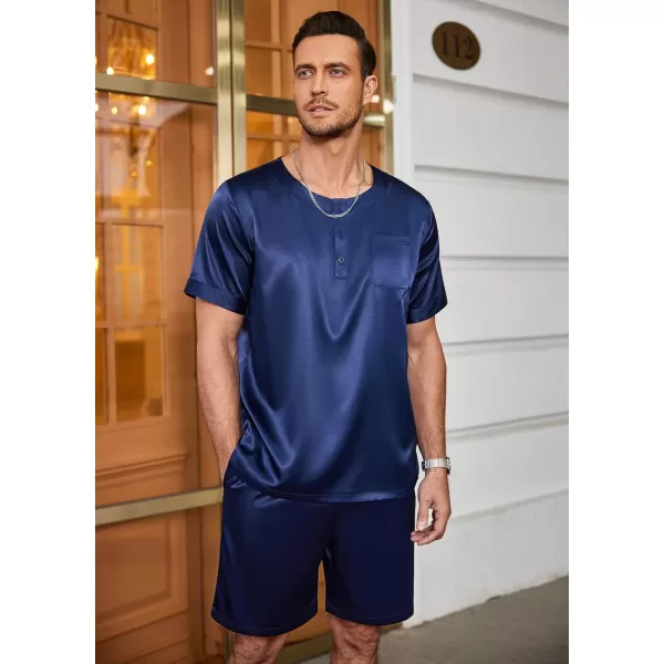 Ekouaer Men Satin Pajamas Set Short Sleeve Silk Sleepwear Button Down 2 Piece Loungewear with PocketsNavy Blue